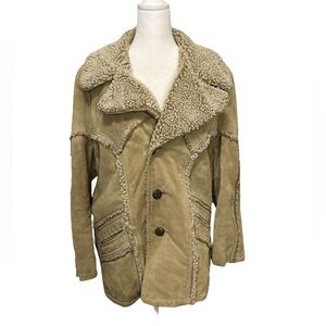 Vintage Grais Genuine Leather Split Cowhide Shearling Trim Coat